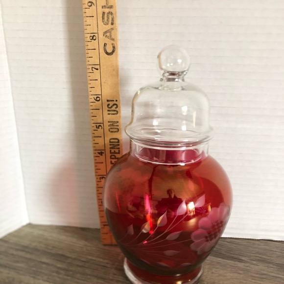 Vtg Hughes Ruby Glass Apothecary Jar with Etched Cornflower Design - Picture 12 of 12